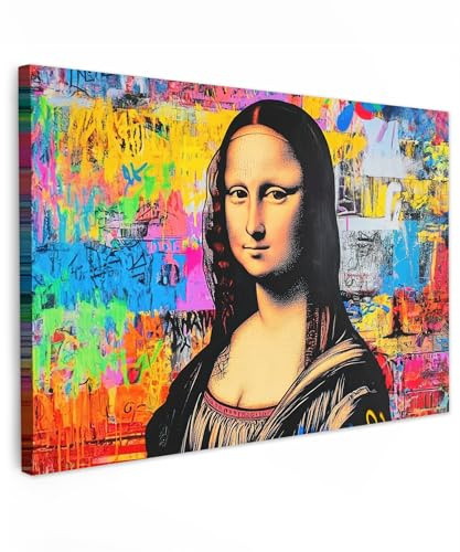 MuchoWow© Bild auf Leinwand Groß XXL Schlafzimmer Bilder Badezimmer Wand | 120x80 cm - Deko Wohnzimmer Modern Wanddeko Bilderwand Geschenk Graffiti - Neon - Mona Lisa - Kunst - Da Vinci