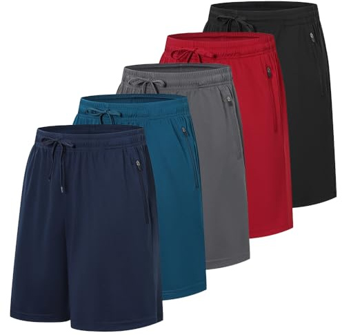 Cimic 5 Pack Men's Sports Shorts Gym Exercise Running Shorts Mens Quick Dry Training Short with Zip Pocket for Workout Sport Tennis Basketball Breathable Short(D3010-Black Grey Green Navy Red-XL)