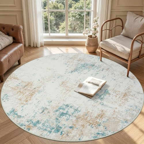 Homcomodar Beige Tapis Rond 160cm Lavable en Machine Antidérapant Ronde Carpet Descente de Lit Chambre Adulte Salon Salle a Manger Bureau Doux Poil Ras Carpette