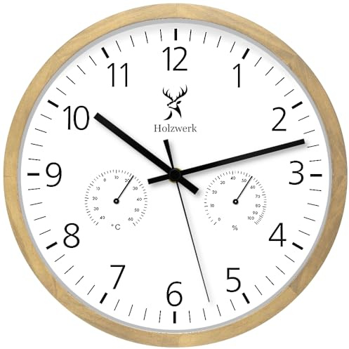 Holzwerk MEERSBURG Wanduhr mit Temperaturanzeige und Hygrometer Feuchtigkeitsmesser Holz-Uhr lautloses Uhrwerk ohne Tickgeräusche Braun Buche Weiß lautlos Massivholz Natur Holz 30 cm (.HW.Buche..)