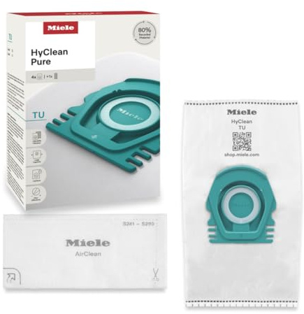 Miele HyClean Pure TU Dammsugare Dammpåsar för alla Miele Guard L1 och Guard S1-modeller, paket med 4 dammsugarpåsar och 1 AirClean avgasfilter