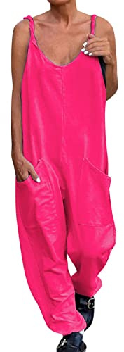 YIzdegg Women's Jumpsuits Baggy Wide Leg Strap Dungarees with Large Pockets Playsuits Soft and Breathable Romper V Neck Sleeveless One-Piece Classic Elegant Strap Dungarees, hot pink, 3XL