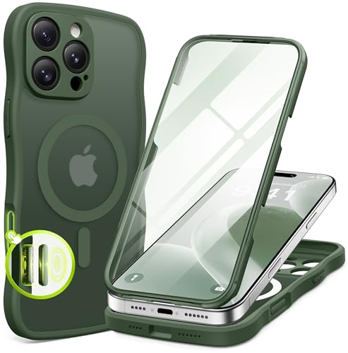 BERFY for iPhone 16 Pro Max Case for Women Girls, [Compatible with MagSafe][Built-in Glass Screen Protector and Camera Protection] Cute Wave Matte Full Body Phone Case for iPhone 16 Pro Max,Deep Green
