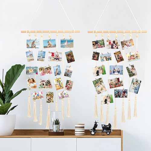 LINTRA Colgar Fotos con Pinzas, 2 Piezas Línea de Fotos con Clips de Madera, Cuerda de Kapok Foto de Pared con Clip, Incluye 60 Clips y 4 Clavos Que No Dejan Marcas, Adecuado para Dormitorio, Oficina