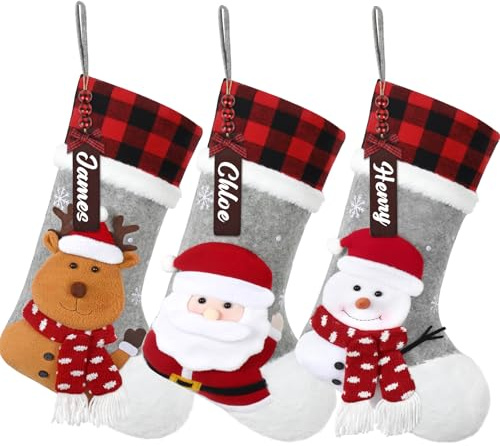 3 Stück Nikolausstrumpf Personalisierte Weihnachtsstrumpfe Weihnachtssocken | 46cm Große Nikolausstiefel mit Namen, Nikolaus Socken mit 3D Rentier Weihnachtsmann Schneemann Strumpf Geschenke Kamin Deko