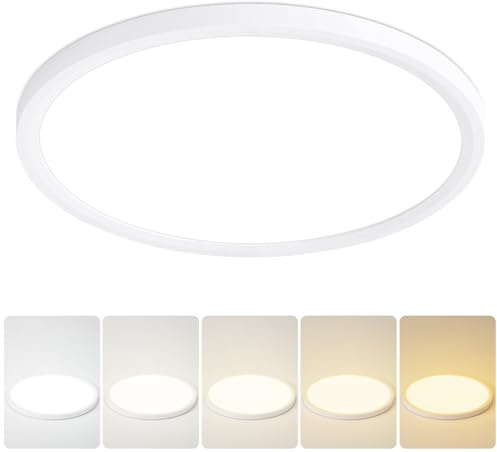 9 Inch Flush Mount Ceiling Light, 5 Color Adjustable Slim 18W 1800LM 2700K-6500K Wired LED Fixture, Modern Low Profile LED Ceiling Lamp for Hallways, Kitchen, Bedroom, Closets, Bathroom, Round, White