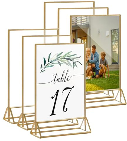 GOEDCH 6 Pezzi Cornici per Foto Doppio Lato A5: 10x15 cm in Acrilico Oro, Porta Biglietti da Tavola A5 in Acrilico Elegante, Espositore in Stile Cavalletto, Porta Volantini, per Decorazione da Tavola