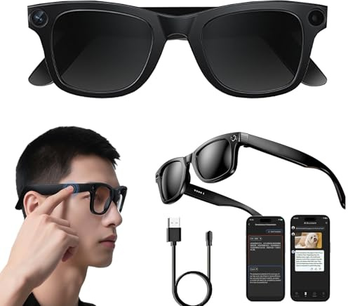 SUNBGRPYE Occhiali Intelligenti Ai, con Fotocamera da 8MP + Microfono, Chiamate Bluetooth | Riproduzione Musicale, Traduzione Ai in Tempo Reale (144 Lingue), Tramite Chat GPT, per Affari E Viaggi B