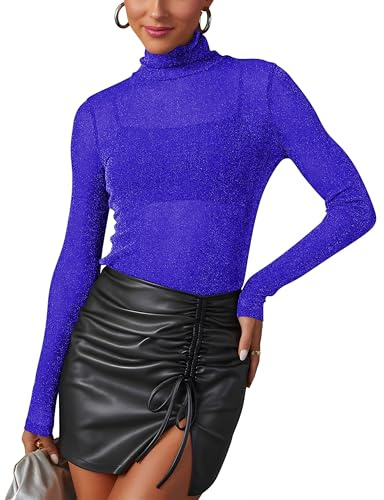 NONSAR Hauts en Maille pour Femmes Haut Transparent à Paillettes Haut à Manches Longues Transparent Haut Sexy en Maille Transparente Hauts de soirée Clubwear Party Tops（Bleu Roi,XL）