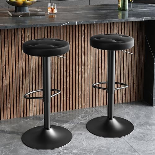 HOOBRO Juego de 2 Taburetes de Bar Redondos con Altura Ajustable, Asiento Giratorio 360° Tapizado en PU, Marco Metálico con Reposapiés, para Bar, Cocina, Cafetería y Restaurante, Negro EBB82BYP201
