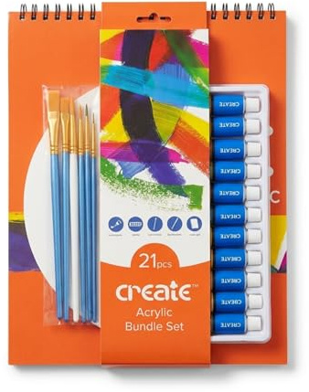 Create 21-Pc Acrylic Paint Bundle Set with 12 Colours, Brushes, Palette, Knives & 9x12 Pad – Complete Acrylic Paints Set Starter Kit for Beginners & Artists – Craft Supplies Gift