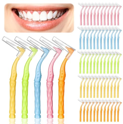 Eudomis 60 Stück Interdentalbürsten, L-förmige Zahnzwischenraumbürsten in 5 Größen mit rutschfestem Griff – Dentalbürsten für Zahnreinigung, Zahnspangen & Mundpflege (5 Farben)