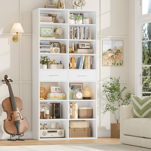 HOCSOK Bücherregal, 185,5 cm Hoch Standregal mit 2 Schubladen, Regal mit 8 Ebenen, Bücherschrank Vitrinenschrank Offenes Aufbewahrungsregal für Arbeitszimmer, Büro, Wohnzimmer, Schlafzimmer