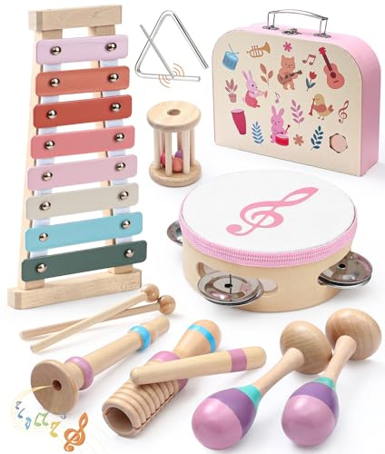 Atoylink Rosa Musikinstrumente für Kinder ab 1 Jahr mit Holz Xylophon Tamburin Trompete Tragbarer Handkoffer, Montessori Spielzeug Geschenke für Jungen Mädchen ab 1Jahre