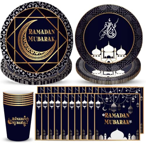 Eid Mubarak (44 Pièces) Kit de Vaisselles Jetables pour Le Ramadan | Decoration Aid Moubarak - Aid Mubarak Vaisselle - Joyeux Aïd El-Fitr (MODÈLE NOIR)