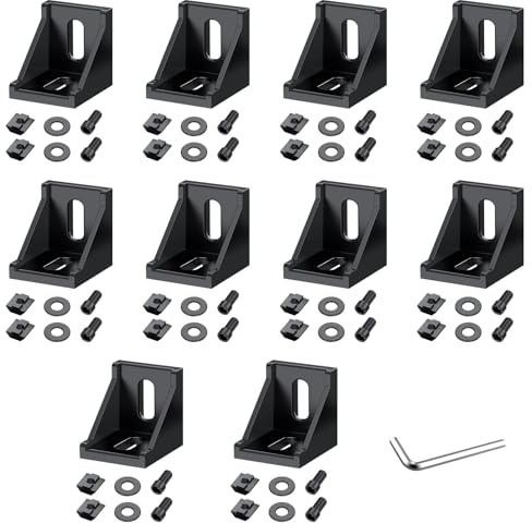 COLFULINE 10 Escuadras EU4040 para Perfil Aluminio 20 Tuercas Deslizantes , 20 Tornillos 20 Arandelas y Llave de 4 mm para Muebles, Estanterías, Estructuras de Madera o Metal (10pcs 4040 Negro)