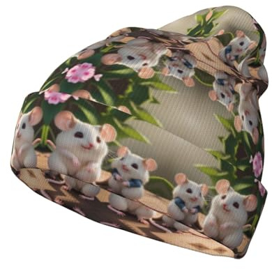 Cappello in maglia con motivo ratti madre e bambino, caldo cappello senza orlo, elastico, adatto per casa o attività all'aperto. Nero