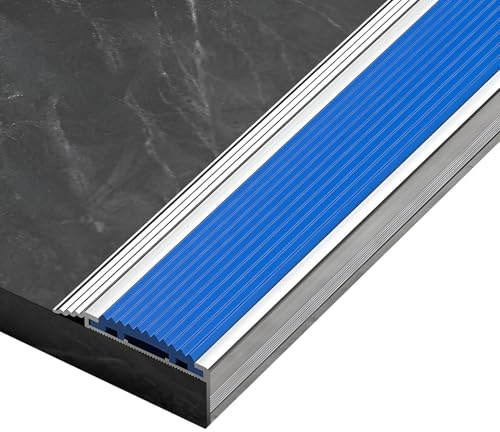 Aluminium Treppenkantenprofil 100 cm, Rutschfeste L-Form Stufenkante – Wasserdichtes Treppenvorsatzprofil für Innen & Außen, Schneidbares und Austauschbares Einsetzstück(Blau)