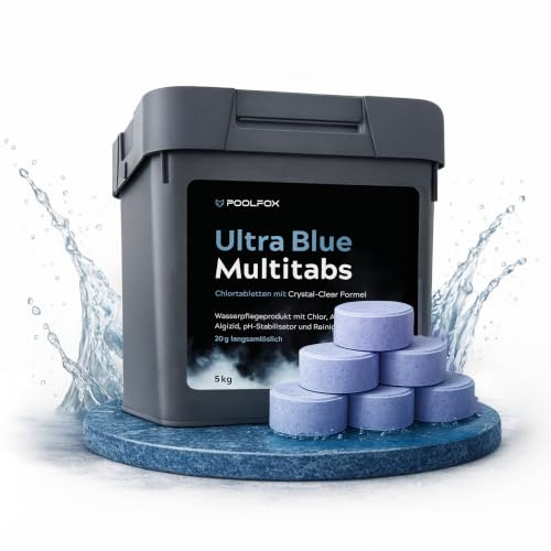 POOLFOX Ultra Blue Chlor Multitabs 5in1 – 5 kg (20 g Tabs) – langsamlösliche Chlortabletten für Pool – mit Algizid & pH-Stabilisator – für Sand- & Kartuschenfilter