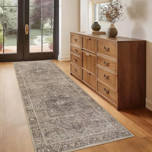 Homcomodar Teppich Läufer Flur 80x200cm Vintage Läufer Küchenteppich Waschbar Teppich Flur rutschfest Kurzflor Teppichläufer für Küche Eingang Schlafzimmer Wohnzimmer（Braun）
