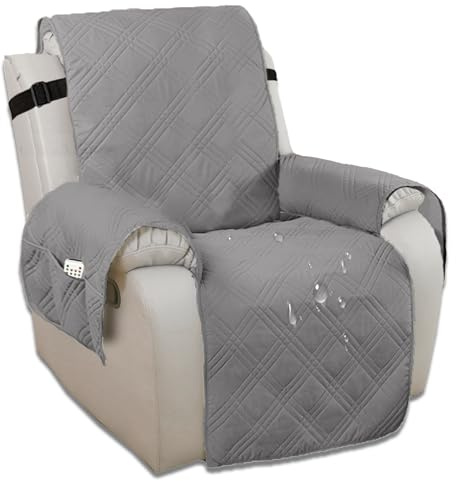 Edumov Waterproof Recliner Chair Cover, Non-slip Armchair Covers with Side Pockets, Fit Most Electric Chair, Sofa Slipcovers Protectors for Dogs & Pets, Light Grey