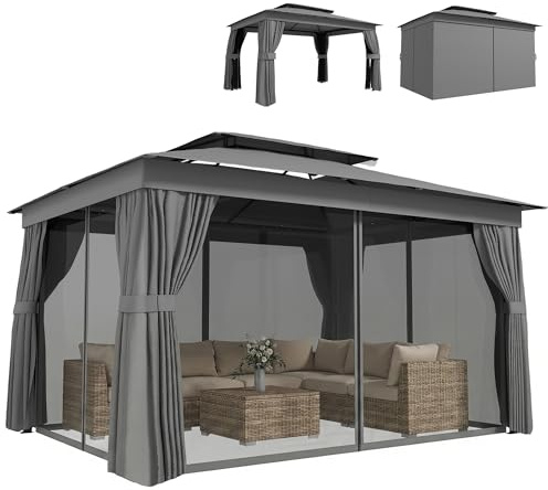 Outsunny Gazebo da Giardino 3.8x3 m con Tende e Zanzariera Grigio Scuro