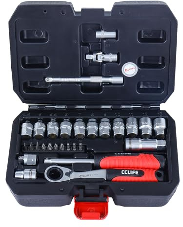 CCLIFE Juego de llaves de vaso de paso, 29 piezas, carraca de acero CrV, puntas, barra de extensión y juntas universales, ahorra espacio para coche, bricolaje y reparación de máquinas