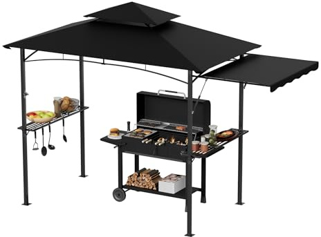 XMTECH Grillpavillon 339x141cm Doppeldach Seitenmarkise BBQ Schwarz Garten | Hydraulisches Vordach, wasserabweisendes Polyester, 2 Metallregale, Haken, pulverbeschichteter Stahlrahmen