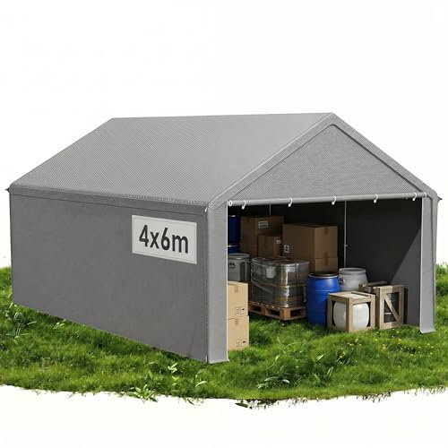 QEENTOE Lagerzelt 4x6 m Wasserdicht Reißfest, Stabiler Industriezelt Garagenzelt mit geschlossenen Wänden, Robuste PVC & PE-Plane für Lagerung Auto und Außenbereich Grau