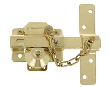 Amig - Cerrojo de Sobreponer con Cilindro Redondo, Pestillo y Cadena Mod. 1C - 105 x 170 mm - Cerradura de Seguridad con Llave y Retenedor - Incluye 5 Llaves de Punto - Acero Dorado
