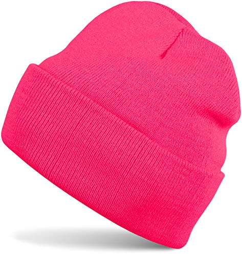 styleBREAKER Unisex beanie-mössa enfärgad | klassisk finstickad vinterstickad mössa med brett kuvert | elastisk mössa i många färger för kvinnor och män, Neonrosa, one size
