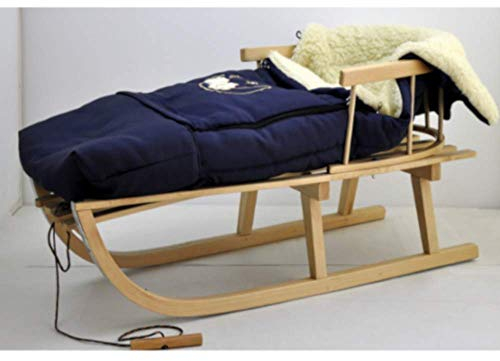 Holzschlitten Kinderschlitten aus Buchenholz Rückenlehne inkl. Zugseil + Winterfußsack Schlittensack Fußsack Blau Schlitten Kinderwagen