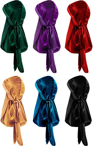 6 Piezas de Durag de Terciopelo de Lujo Estirable Envoltura de Cabeza con Cola Larga y Correas Anchas (Color A)