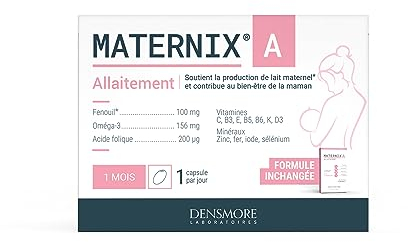 Densmore - Maternix A - Complément Alimentaire Allaitement - 100% des Apports Nutritionnels - Vitamine C, D3 et E, Oméga 3, Zinc - 30 Capsules - Cure de 1 mois - Fabriqué en Europe