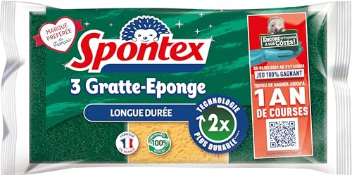 SPONTEX - Gratte-Eponge Longue Durée - 3 éponges grattantes vertes - 2x plus durable