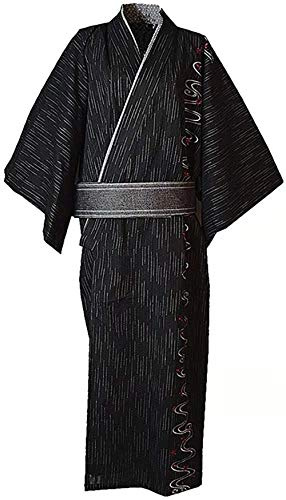 Double Villages Men's Japanese Yukata Kimono Home Robe Pajamas Yukuata Dressing Gown Cotton (L, Black A)