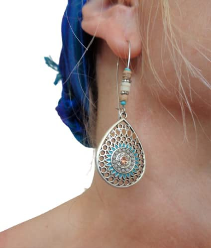 ✿ WUNDERBARE TROPFEN BOHO ETHNO MANDALA EMAILLE KRISTALL ✿ Kokos Holz Ohrringe an langen Kidney Haken