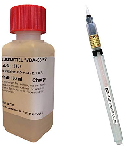 100 ml No-Clean Elektronik-Flussmittel WBA-33/FS, wasserbasierend mit 3,3% Feststoff incl. EO-Flux-Pen (7 ml, unbefüllt), enthält keine Gefahrstoffe und daher kennzeichungsfrei