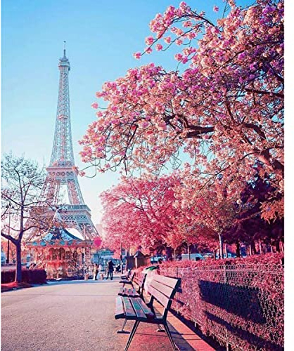 5D Diamond Painting Paris Eiffelturm Kits für Erwachsene | Runden Diamant Kirschblüten Landschaft Rosa Bilder, Diamantmalerei Crystal Art für DIY Wanddekoration 30x40cm