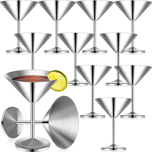 Yinder 12 Pcs Stainless Steel Martini Glasses Bulk 8.5oz Shatterproof Metal Martini Glass Reusable Steel Wine Cocktail Glass 18/8 Mirror Polished Surface Stemware for RV Bar Wedding Graduation Party