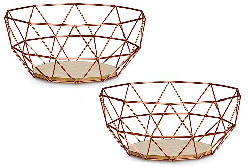 levandeo Juego de 2 cestas de metal y cobre, 26 x 12 cm, cesta de fruta, moderna madera de densidad media, color marrón