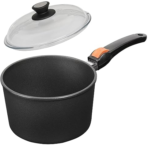 SKK kleine 2-tlg. Stielkasserolle Ø 16 cm - Induktion - hoher runder beschichteter Saucentopf - Stiel abnehmbar & Vollglas Deckel - Made in Germany