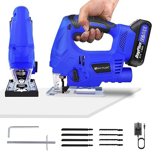 Electric Lithium-Ion Jigsaw, 400W Compact Cordless Brushless Cutting Saw with LED Light for Plastic Wood Steel Cutting, 3000SPM, ±45° Bevel Cutting, 10Pcs Blades Included, Quick Blade Change