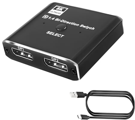 XMSJSIY Conmutador displaypot 8k conmutador bidireccional DP 1 en 2/2 en 1 en el convertidor de conmutador DP de Alta Velocidad Utiliza de Cable DP versión 2.1 Soporte 8K@30Hz 4K@120Hz