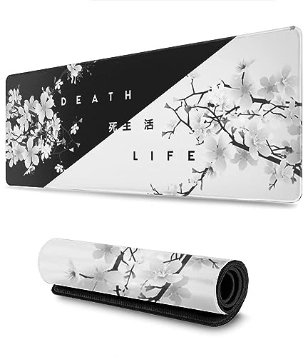 Donboly Gaming Mouse Pad Japanische Pagode und Kirschblüten Zweig übergroße Mausmatte Schreibtisch Pad maxpad XXL, genähte Kanten rutschfeste Gummi Base Mousepad (Death Life, 80cmx30cm)