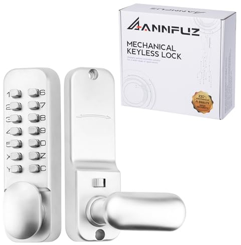 ANNFUZ Digital Numbers Door Lock with Knob,Mechanical Combination Door Handle Lock,Keyless Entry Push Button Code Lock, Single-Sided Keypad, No Electronic, for Garden Gate Door (Chrome) | Only Fits 60mm Latch,Push button Combination Code Lever Lock,Auto Locking,Interior Hold-Opening,For Warehouse,No Power