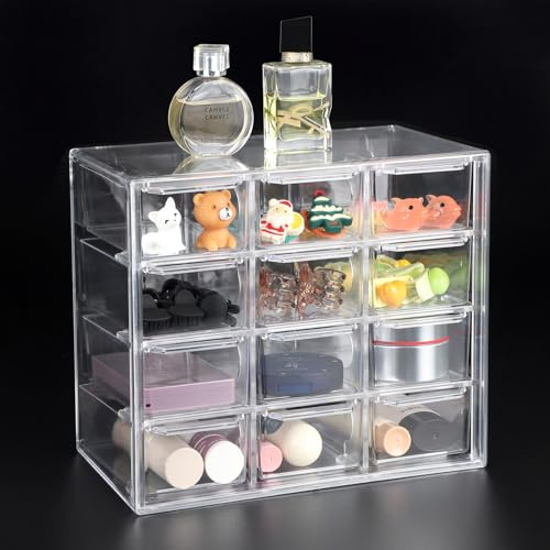 Supaway Mini genomskinlig låda arrangör små lådor stapelbar skrivbordslåda för makeup, smycken, kontorsmaterial och hantverk (12 lådor)