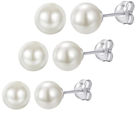 3 Orecchini Perle Argento 925 Donna (6, 7, 8 MM)