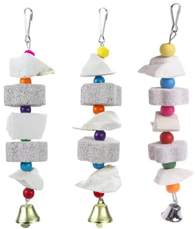 Yitaocity 3Pcs Bird Beak Trim Cuttlebone Calcium Stone Lava Block Chew Toy Grinding Teeth Natural Minerals with Bell for Parakeets, Cockatiels, Conures, Budgies, Lovebirds
