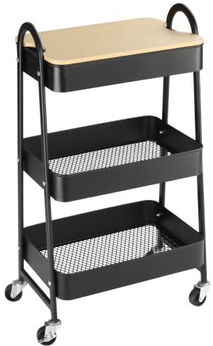 HOMCOM Carrito Auxiliar con Ruedas de 3 Niveles 45x31x79,4 cm Negro | Carrito de Cocina, 3 Cestas de Acero, 1 Placa de Cubierta, para Comedor, Sala Baño